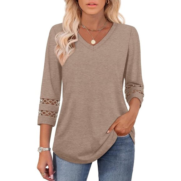 Womens  Tan Dressy Polyeste Casual Blouses Trendy V Neck T Shirts Summer  Shirt - Picture 2 of 5